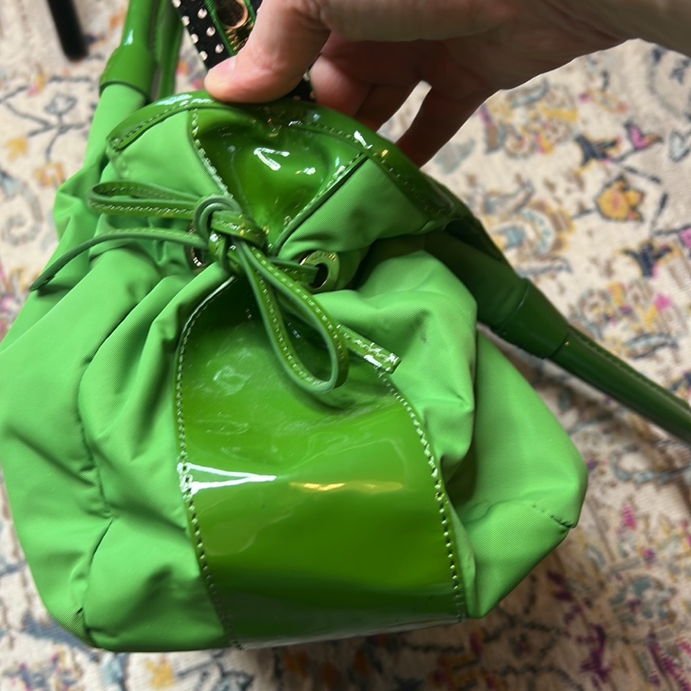 Vintage Kate Spade Stevie Green Nylon and Patent Leather Satchel Handbag - Picture 15 of 16